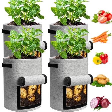 4 Pack Potato Grow Bags 10 Gallon with Flap,Heavy Duty Fabric with Handle and Harvest Window,Non-Woven Planter Pot Plant Garden Bags to Grow Vegetables Tomato,Grey