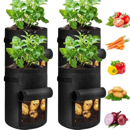 4 Pack Potato Grow Bags 10 Gallon with Flap,Heavy Duty Fabric with Handle and Harvest Window,Non-Woven Planter Pot Plant Garden Bags to Grow Vegetables Tomato,Black