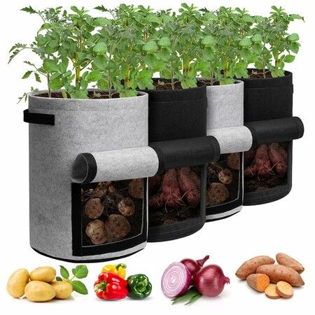 Potato Grow Bags with Flap 10 Gallon,4 Pack Planter Pot with Handles and Harvest Window for Potato Tomato and Vegetables,Black and Gray