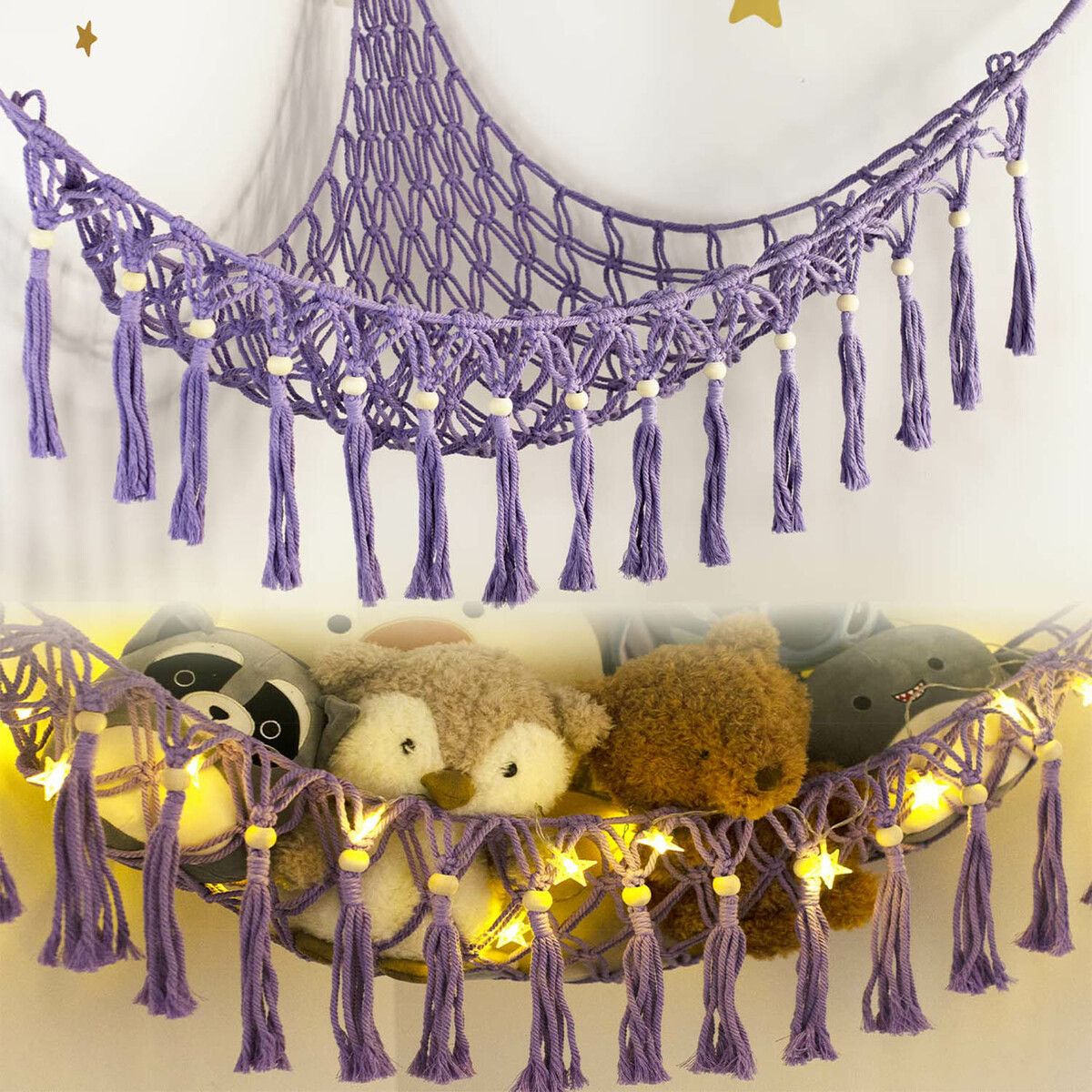 Stuffed Animal Toy Storage Hammock with LED Light - Macrame Jumbo Doll Room Corner Organizer Mesh Decorations - Hanging Storage Nets Kids Bedroom (Purple)