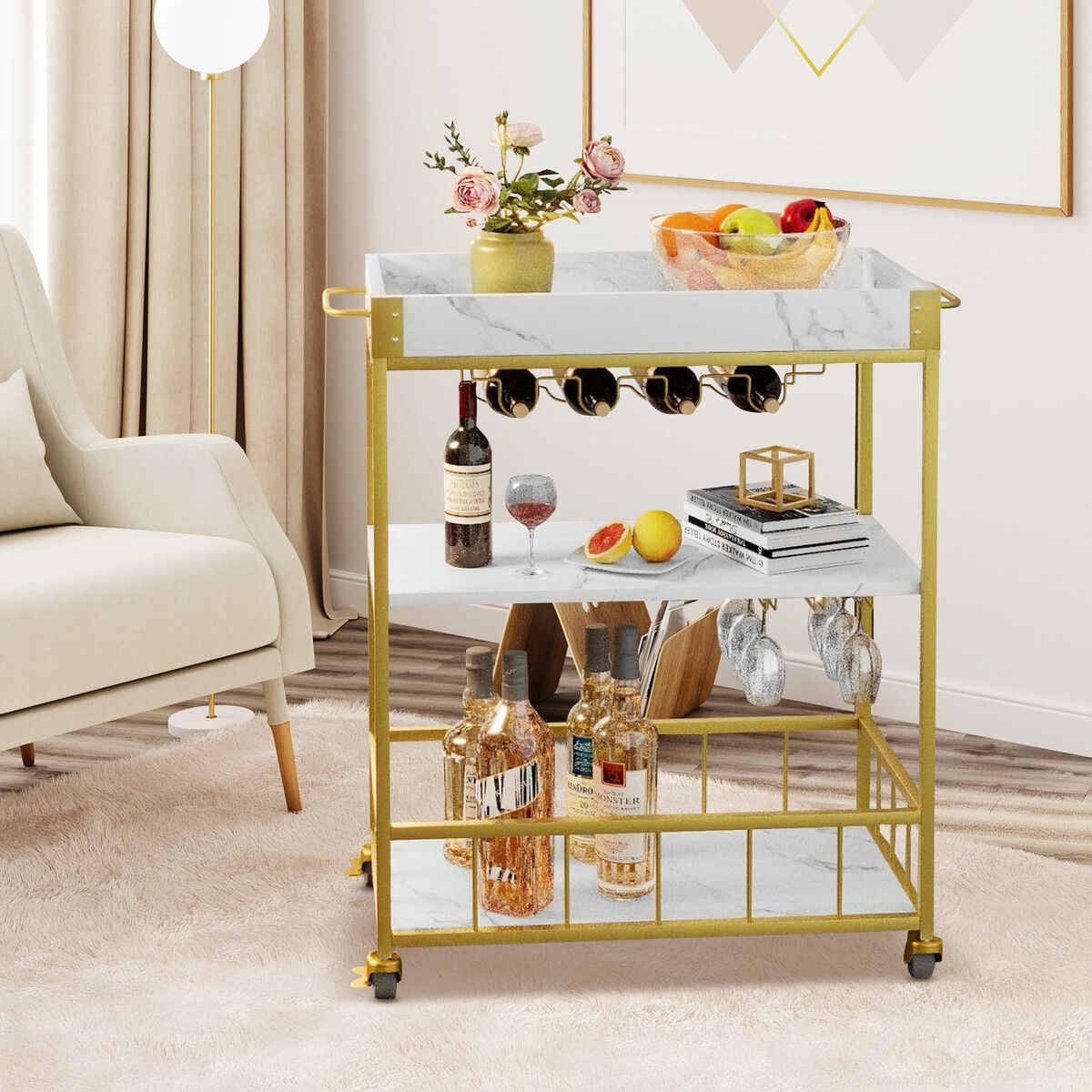 Mobile Bar Cart Drinks Rolling Kitchen Trolley Wine Rack Glass Holder Bottle Microwave Outdoor Storage Shelf with Handles