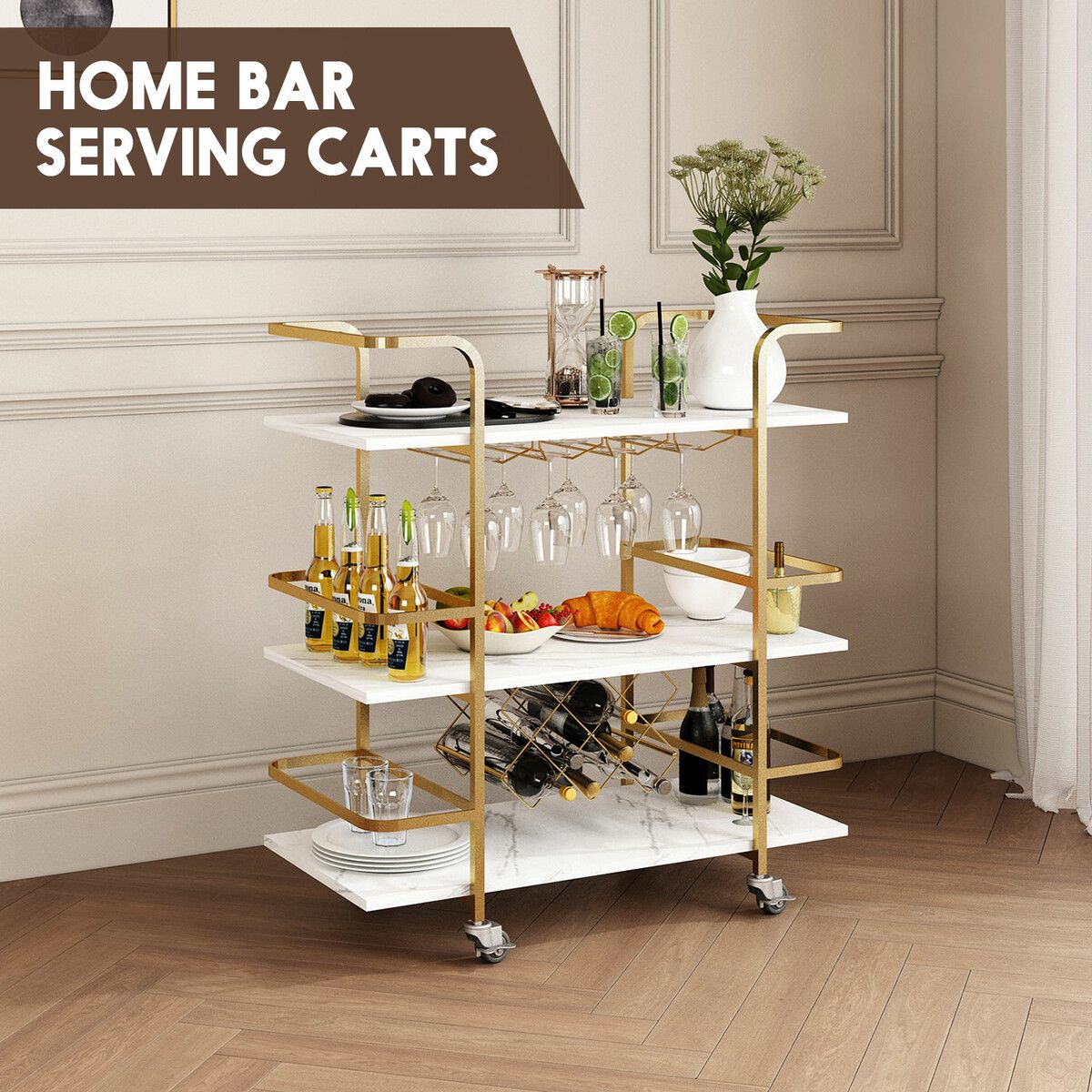 3-Tier Bar Cart Rolling Serving Drinks Tea Coffee Wine Rack Glass Holder Mobile Trolley Outdoor Kitchen Storage Shelves