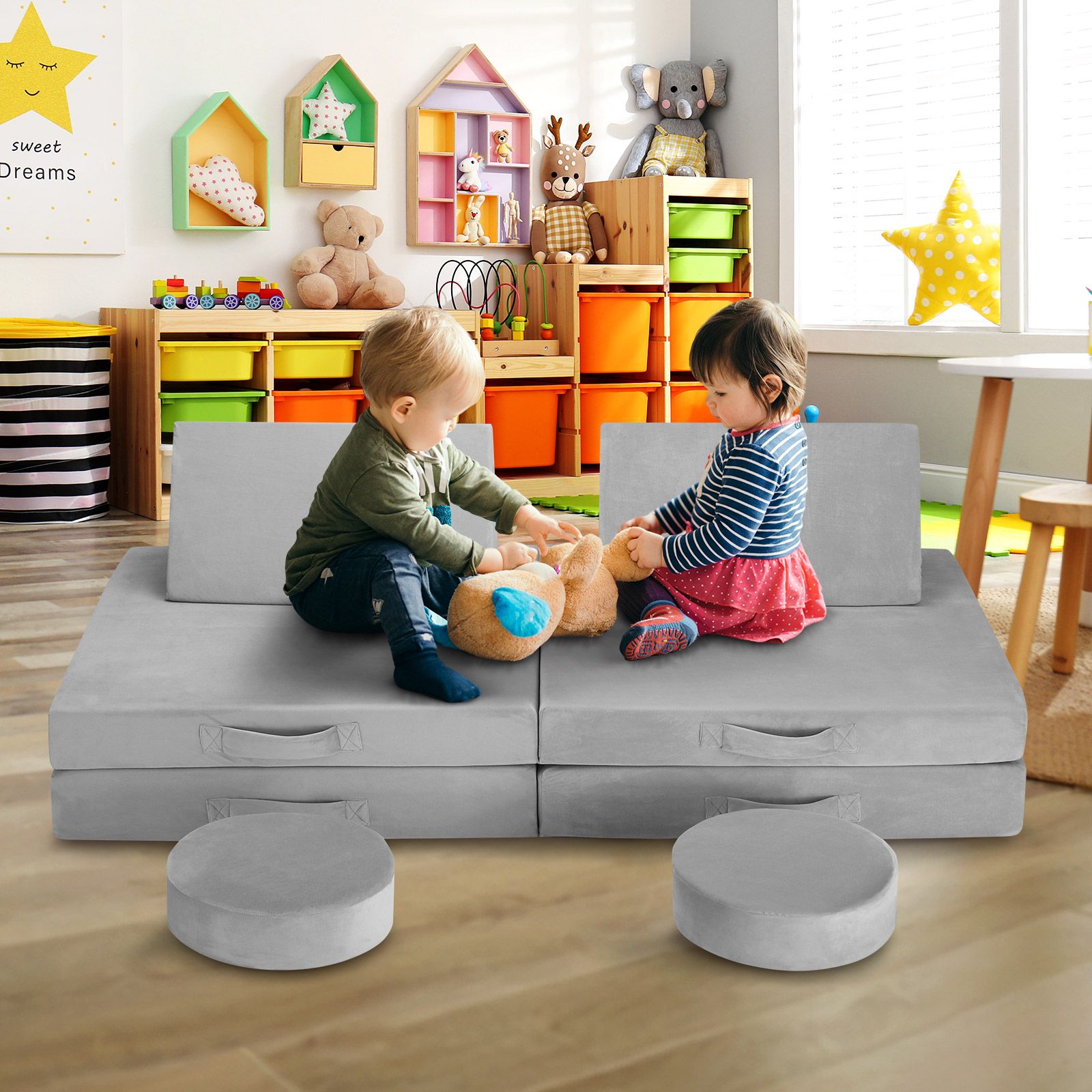 6Pcs Kids Sofa Play Couch Modular Lounge Cushion Convertible Playset Sectional Childrens Toddler Chair Playroom Fabric