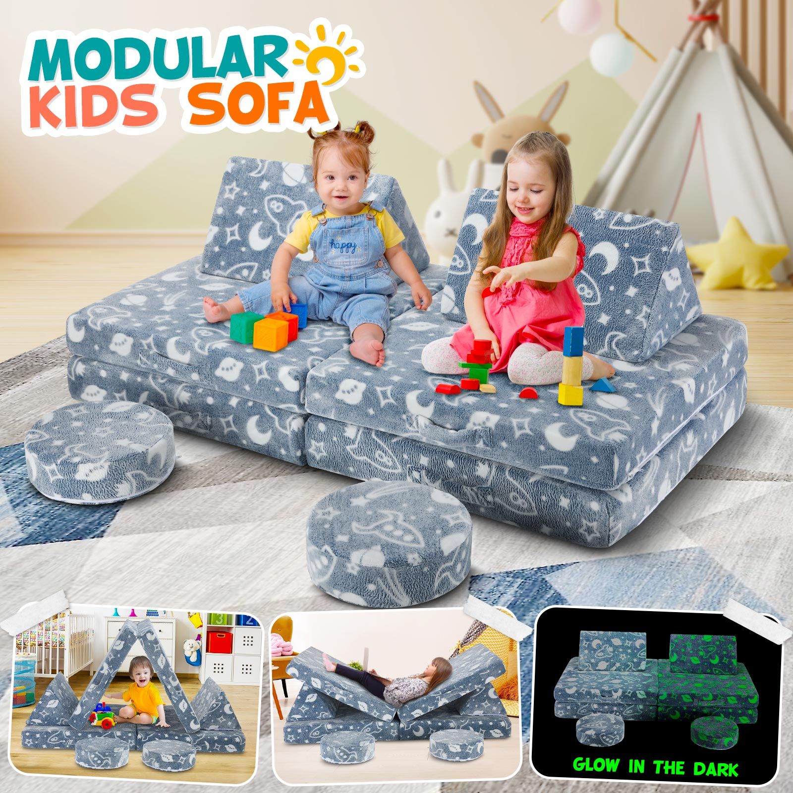 Modular Kids Sofa Set 6Pcs Play Couch Convertible Lounge Chair Folding Toddler Playset Sectional Cushion Glowing Cover