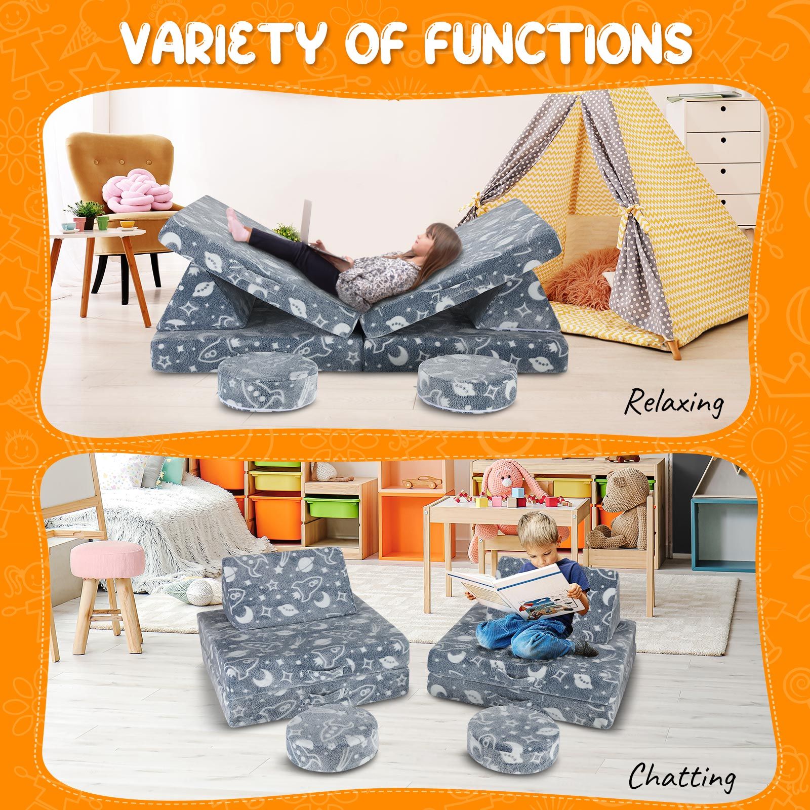 Modular Kids Sofa Set 6Pcs Play Couch Convertible Lounge Chair Folding Toddler Playset Sectional Cushion Glowing Cover