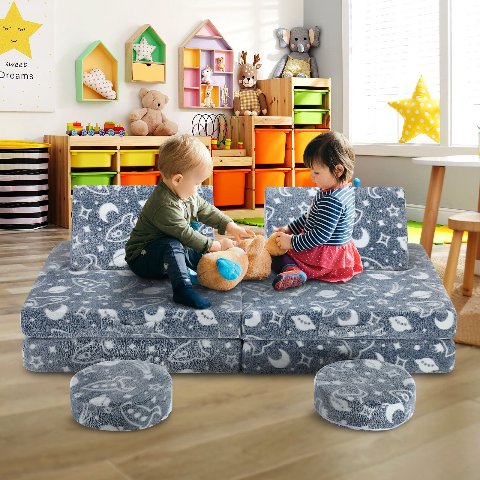 Modular Kids Sofa Set 6Pcs Play Couch Convertible Lounge Chair Folding Toddler Playset Sectional Cushion Glowing Cover