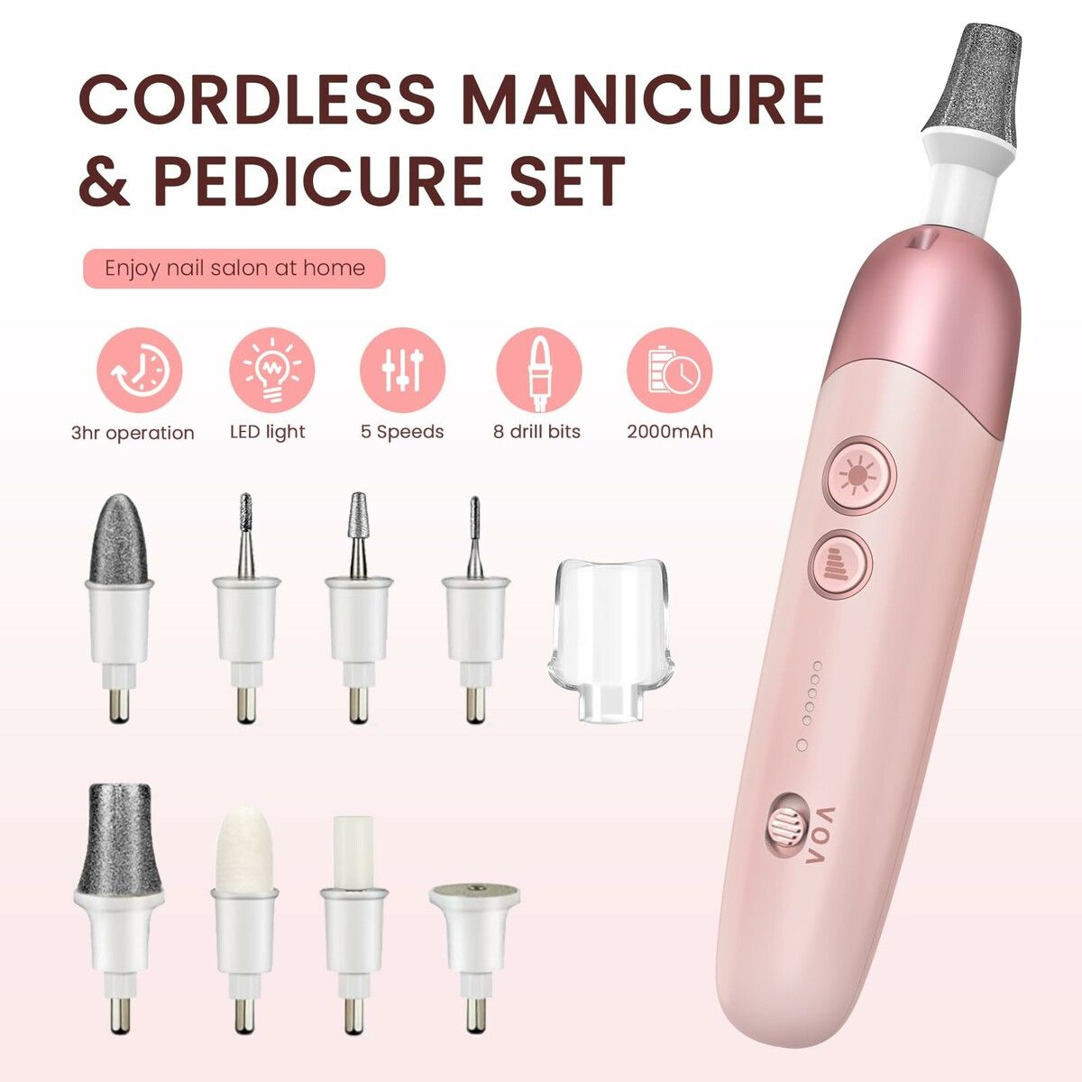 8 in 1 Electric Nail File Set, Cordless Pedicure Tools for feet, 5 Speeds Manicure Set, Toe Nail Grinder Kit for Thick Nails-Pink