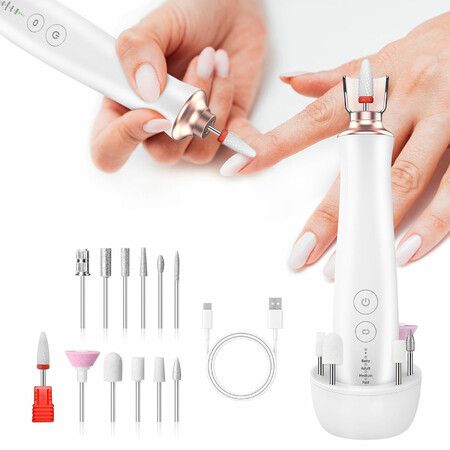 Electric Cordless Nail Drill Portable Manicure Pedicure Kit with Stand,5 Speeds Nail Grind Trimmer Buffer Powerful Hand Foot Nail Grinder-White