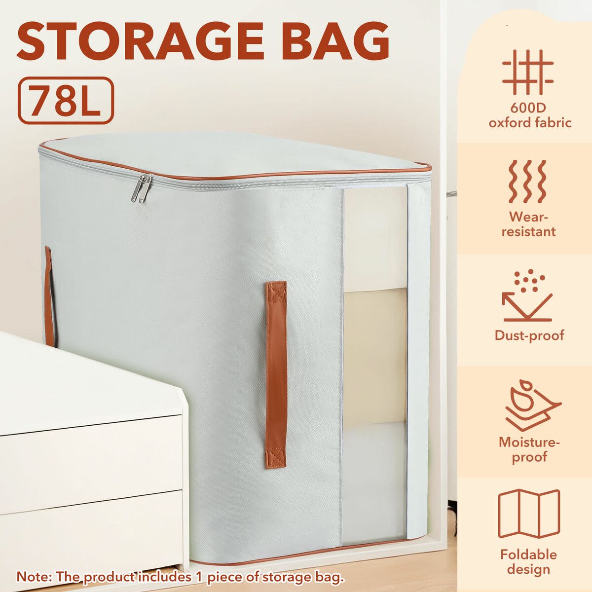 Storage Bag Container Clothes Organiser Foldable Wardrobe Closet Travel Garment Clothing Blanket Bin 78L with Handle