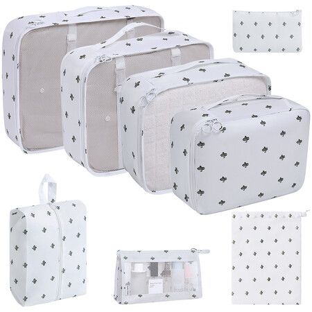 8Pcs set Large Capacity Luggage Storage Bags For Packing Cube Clothes Underwear Cosmetic Travel Organizer Bag Toiletries Pouch Color Cactus White