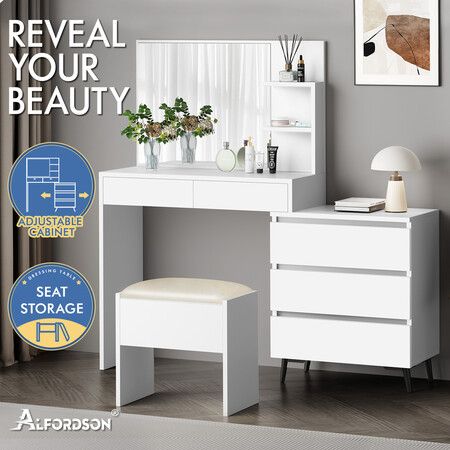 ALFORDSON Dressing Table Stool Set Makeup Mirror Desk Storage Cabinet White