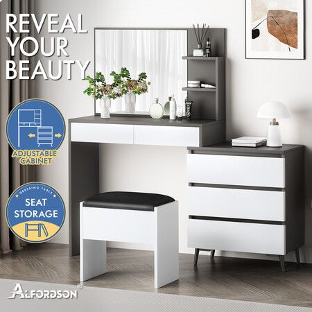 ALFORDSON Dressing Table Stool Set Makeup Mirror Desk Storage Cabinet Grey