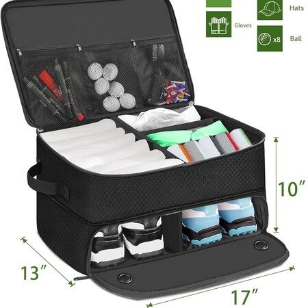 2 Layer Golf Trunk Organizer, Waterproof Car Golf Locker for 2 Pair Shoes, Durable Golf Trunk Storage for Balls,Tees,Clothes,Gloves, Accessories