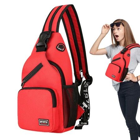 Crossbody Sling Backpacks Sling Bag for Men Women Hiking Daypack with Earphone Hole Travel Daypack Color Red