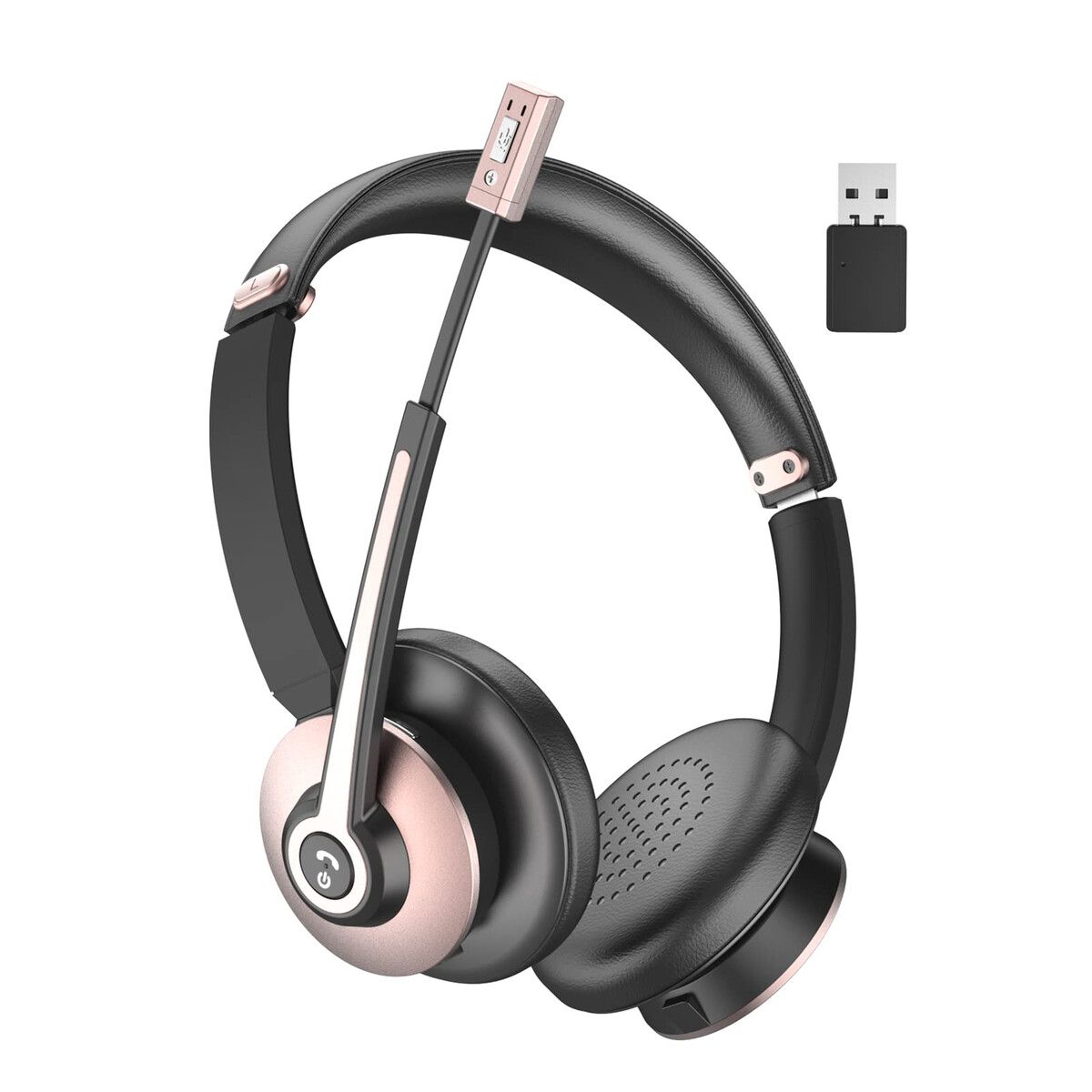 Bluetooth Headset with Microphone Wireless Noise Cancelling Headphone with USB Dongle Mute Button 26 Hours Talk Time for PC Office Zoom Skype in Rose Gold