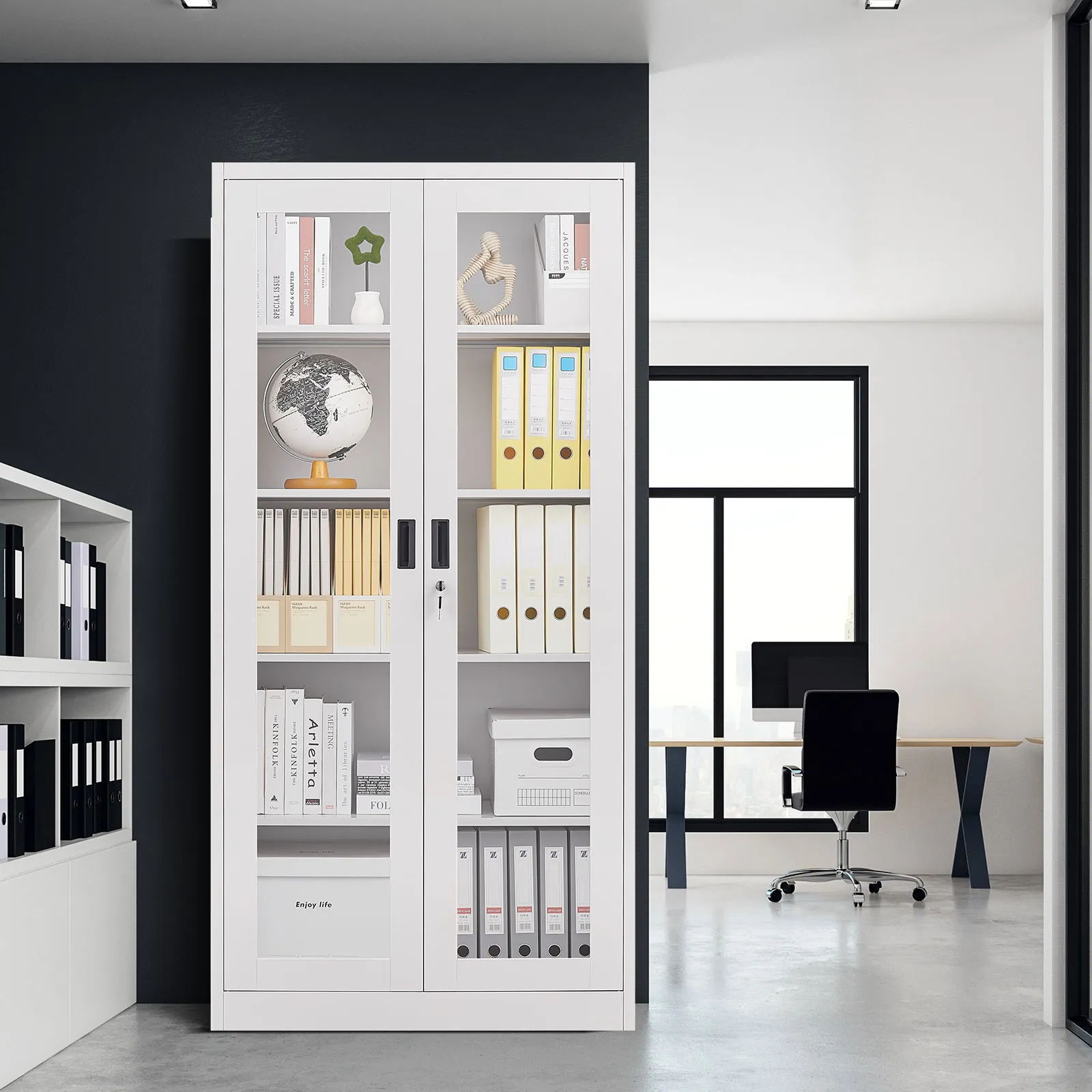 Steel Office Cabinet Filing Storage Shelf Lockable Tempered Glass Door Display Cupboard Rack Home Garage 185x90x40cm
