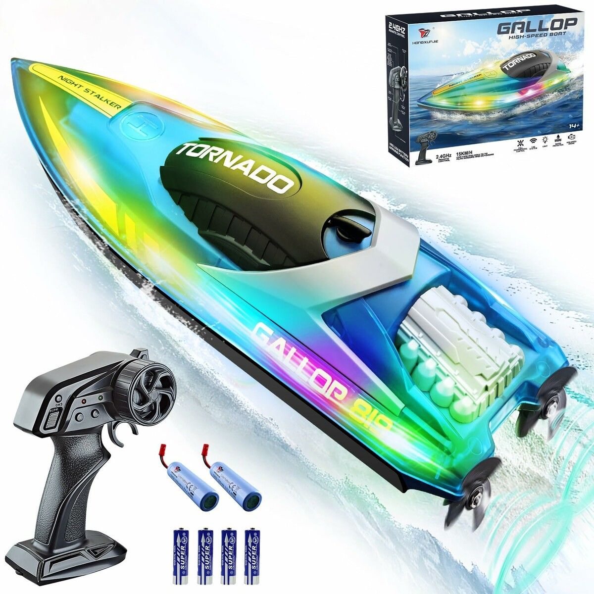 15+ MPH RC Boat with LED Lights Fast Remote Control Speed Boat for Pool and Lake 2.4GHz Race Boat for Teens Outdoor Water Sports in Green and Blue