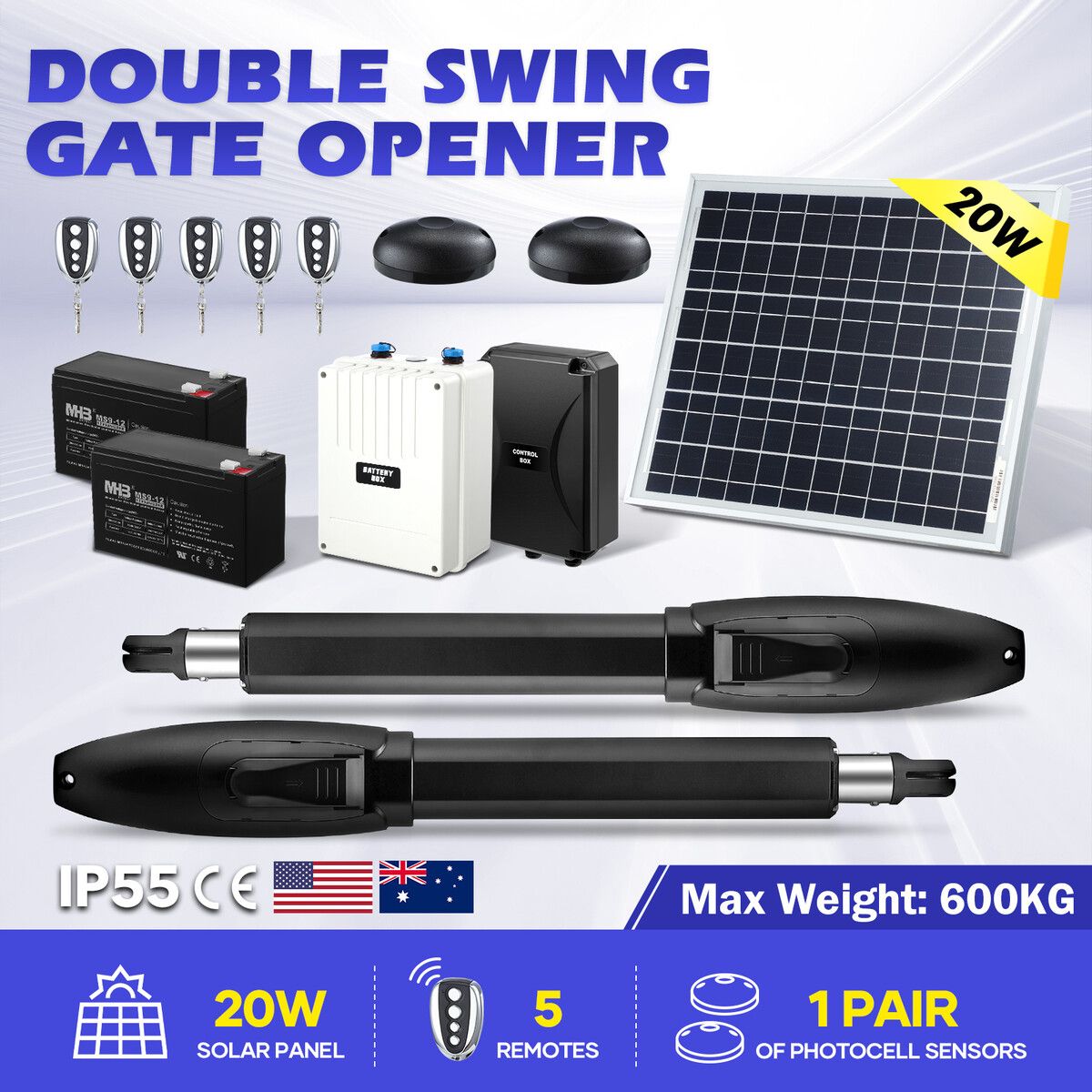 Solar Automatic Gate Opener Double Swing Door Operator Remote Control Kit 600kg Auto Motor System Driveway Home Security