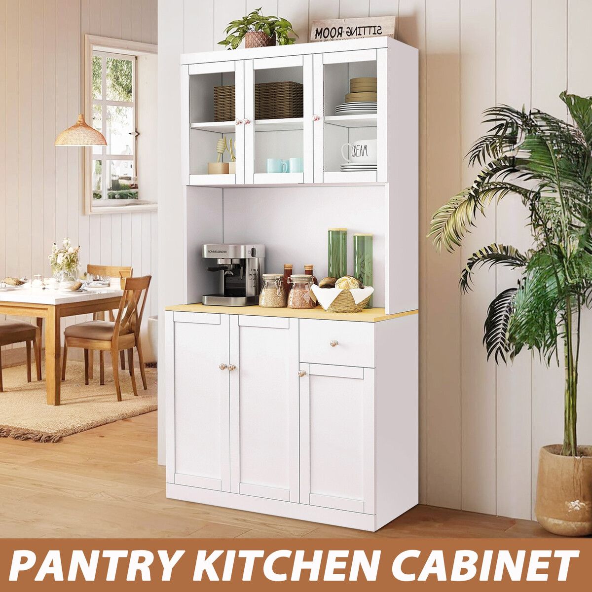 Kitchen Pantry Cupboard Cabinet Buffet Table Sideboard Glass Storage Shelves Drawer Hutch Bar Shelving Dining Room 180cm