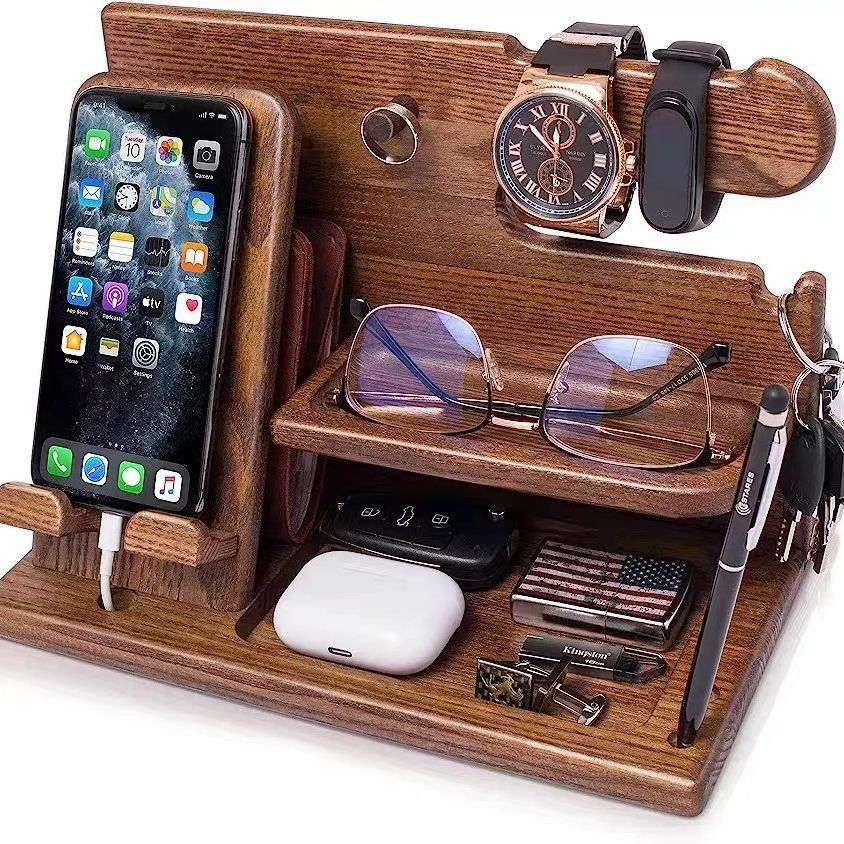 Wood Phone Docking Station Ash Key Holder Stand Watch Organizer Men Gift Husband Wife Anniversary Dad Birthday Nightstand Purse Father Graduation Male Travel Idea Gadgets