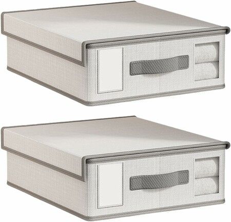 2 PCS White Grey Bed Sheet Organizer and Storage with Visible Window And Handle for All Sheet Sizes Foldable Blankets Storage Case