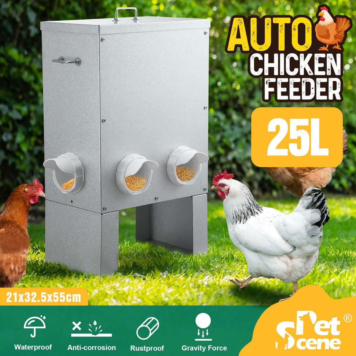 Auto Chicken Feeder 25L Automatic Hen Poultry Food Dispenser Rat Bird Rain Proof Steel Duck Goose 6 Feeding Ports