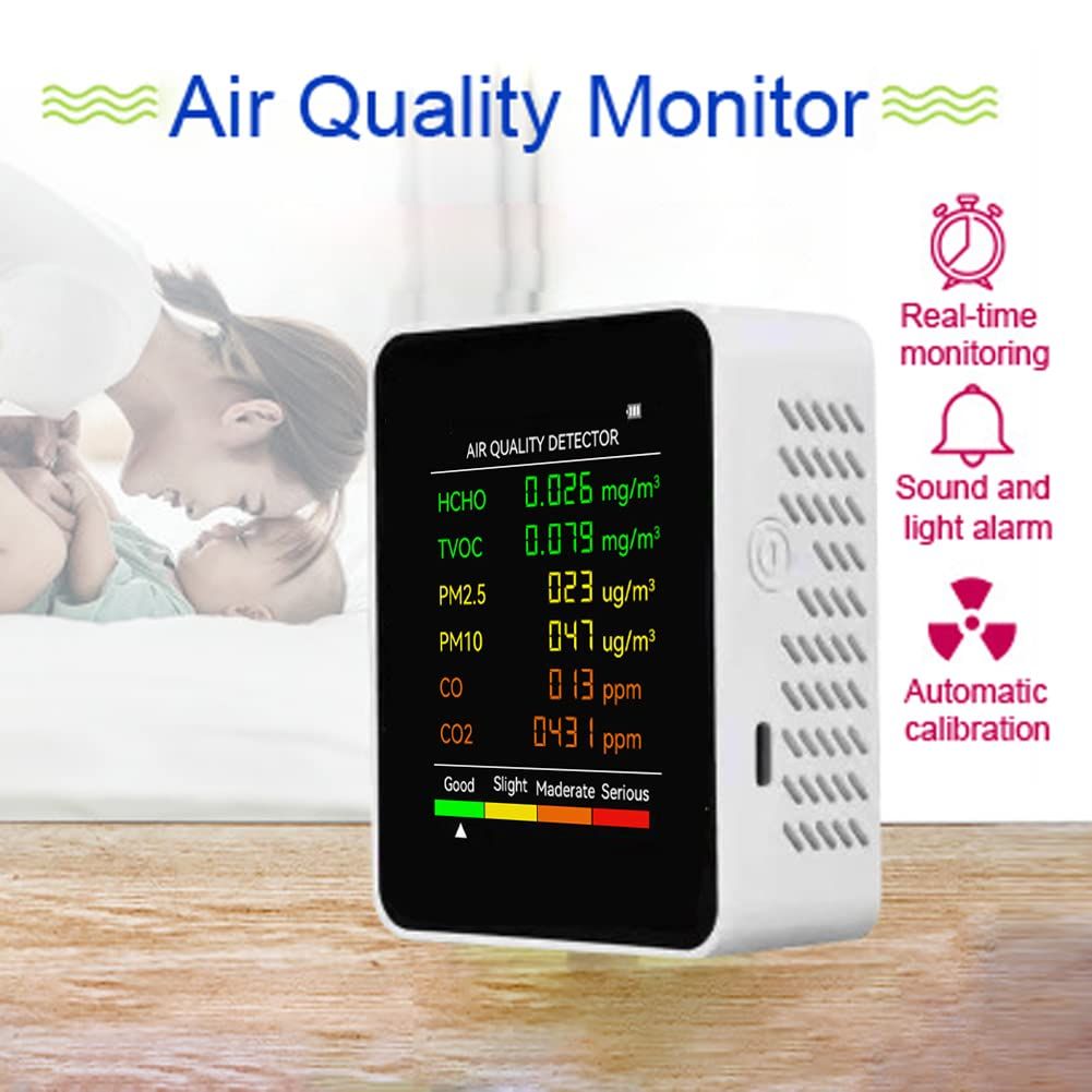 6 in 1 Air Quality Detector PM2.5 PM10 HCHO TVOC CO CO2 Multifunctional CO Carbon Dioxide LCD Large Screen Display  Home Office Hotel  Air Quality Tester