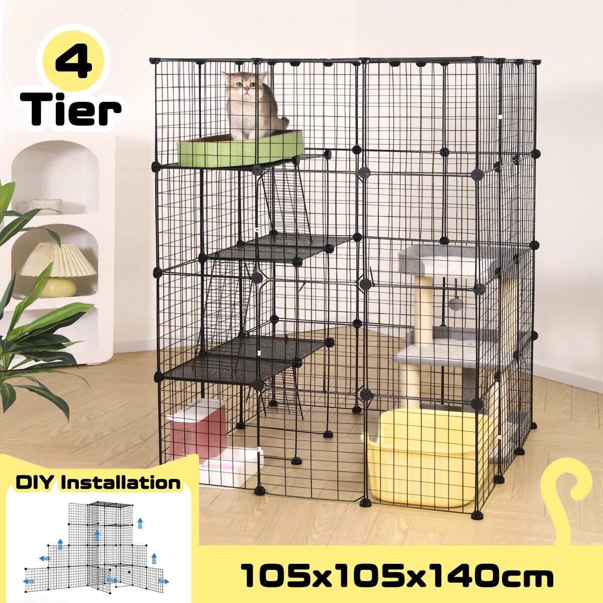 4 Tier Cat Enclosure Cage House XL DIY Metal Rabbit Hutch Ferret Bunny Crate Kitten Fence Kennel Playpen 3 Platforms 3 Ramps