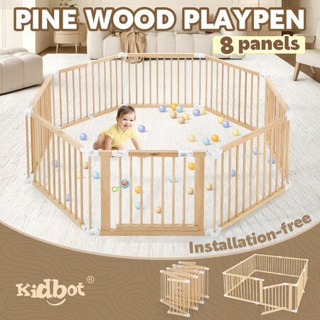 Kidbot Baby Playpen Gate 8 Panel Kids Pet Dog Wooden Safety Fence Activity Centre Play Yard Pen Foldable Travel Guard