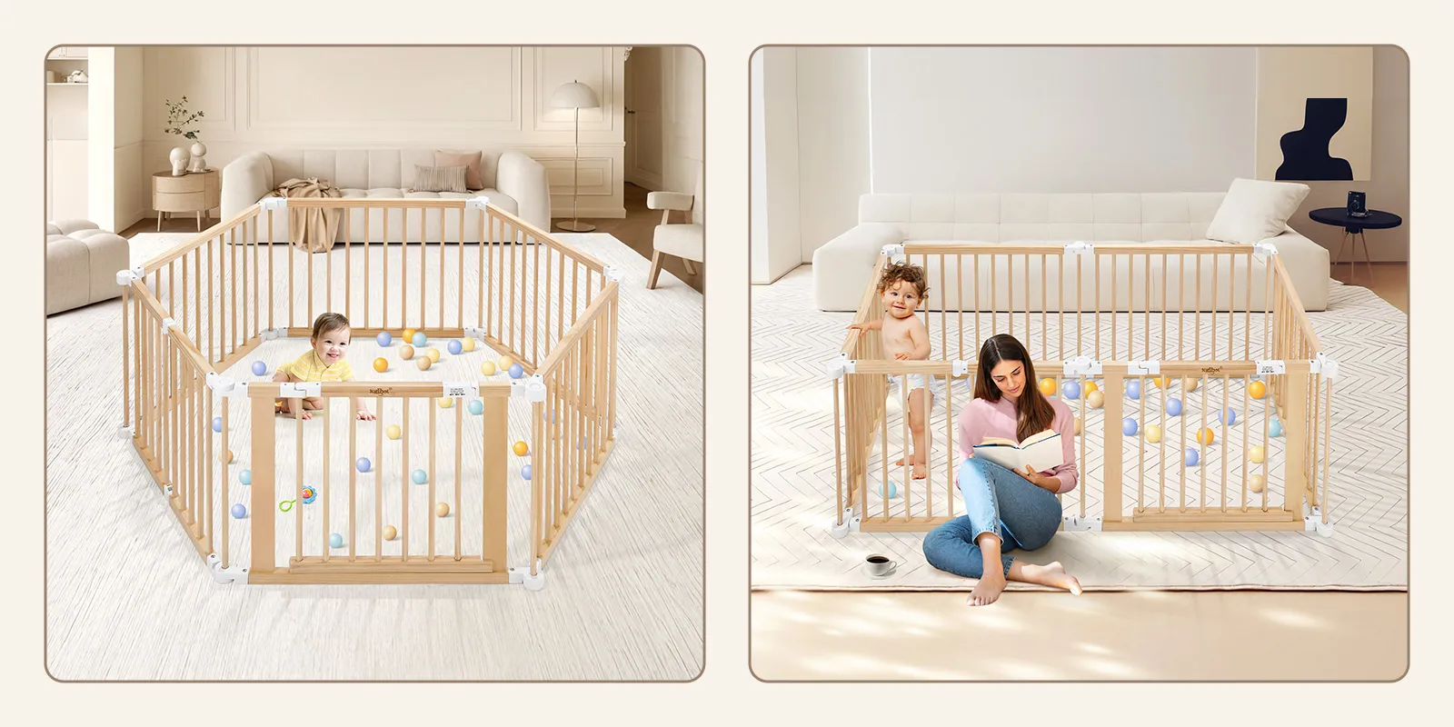Kidbot Baby Playpen 6 Panel Kids Wooden Safety Gate Pet Dog Fence Activity Centre Play Pen Yard Foldable Travel Guard