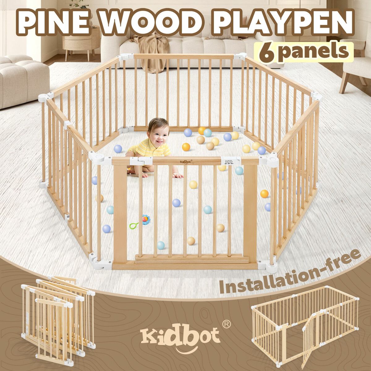 Kidbot Baby Playpen 6 Panel Kids Wooden Safety Gate Pet Dog Fence Activity Centre Play Pen Yard Foldable Travel Guard