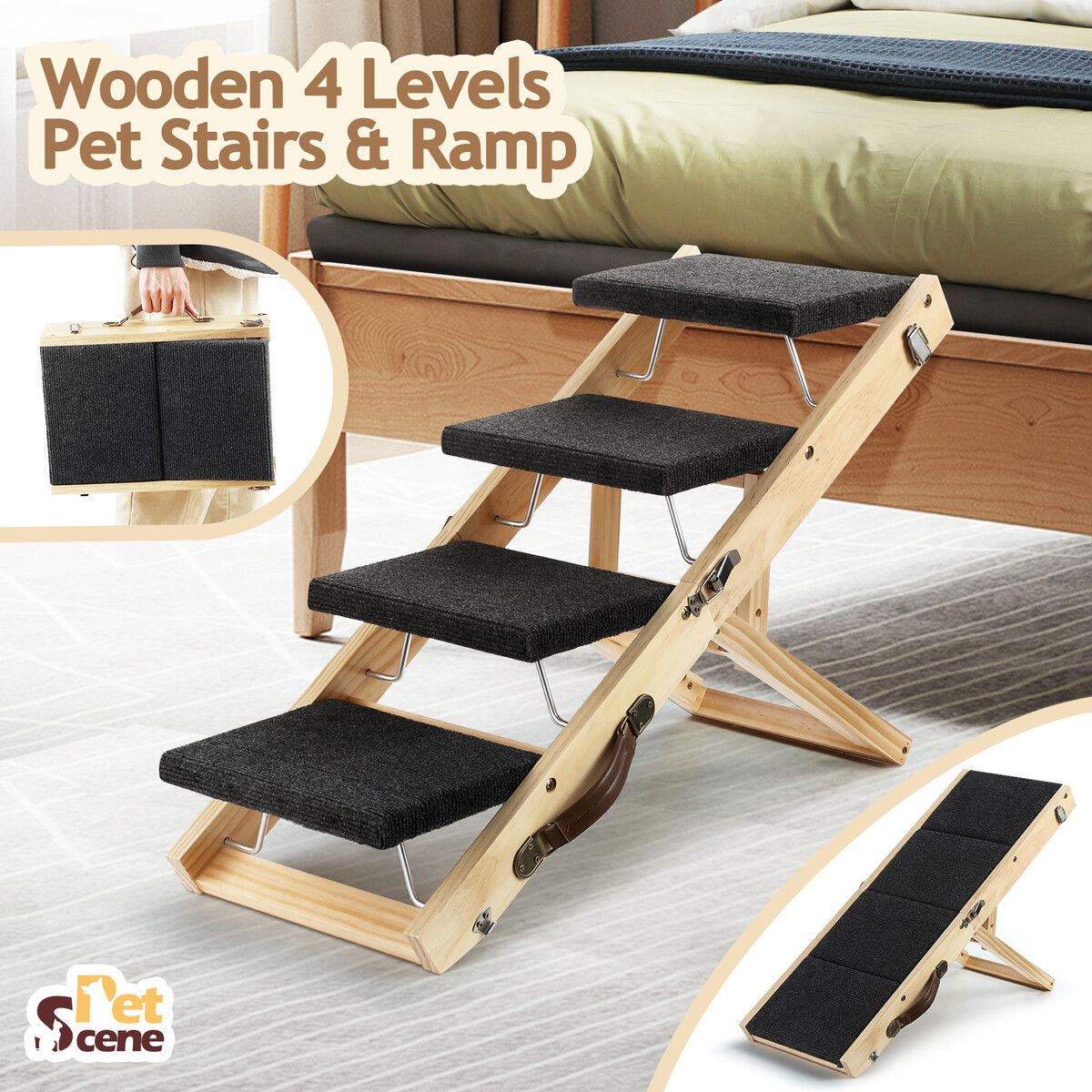 2in1 Pet Stairs Ramp Staircase Foldable 4 Steps Dog Wooden Ladder for Bed Car Couch with Non Slip Carpet