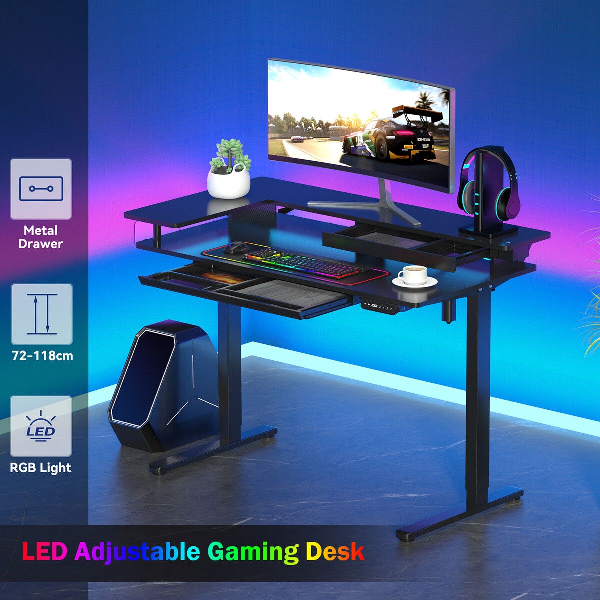 LED Gaming Standing Desk Sit Stand Up Table Electric Motorised Height Adjustable Carbon Fiber RGB Light Monitor Shelf Drawer