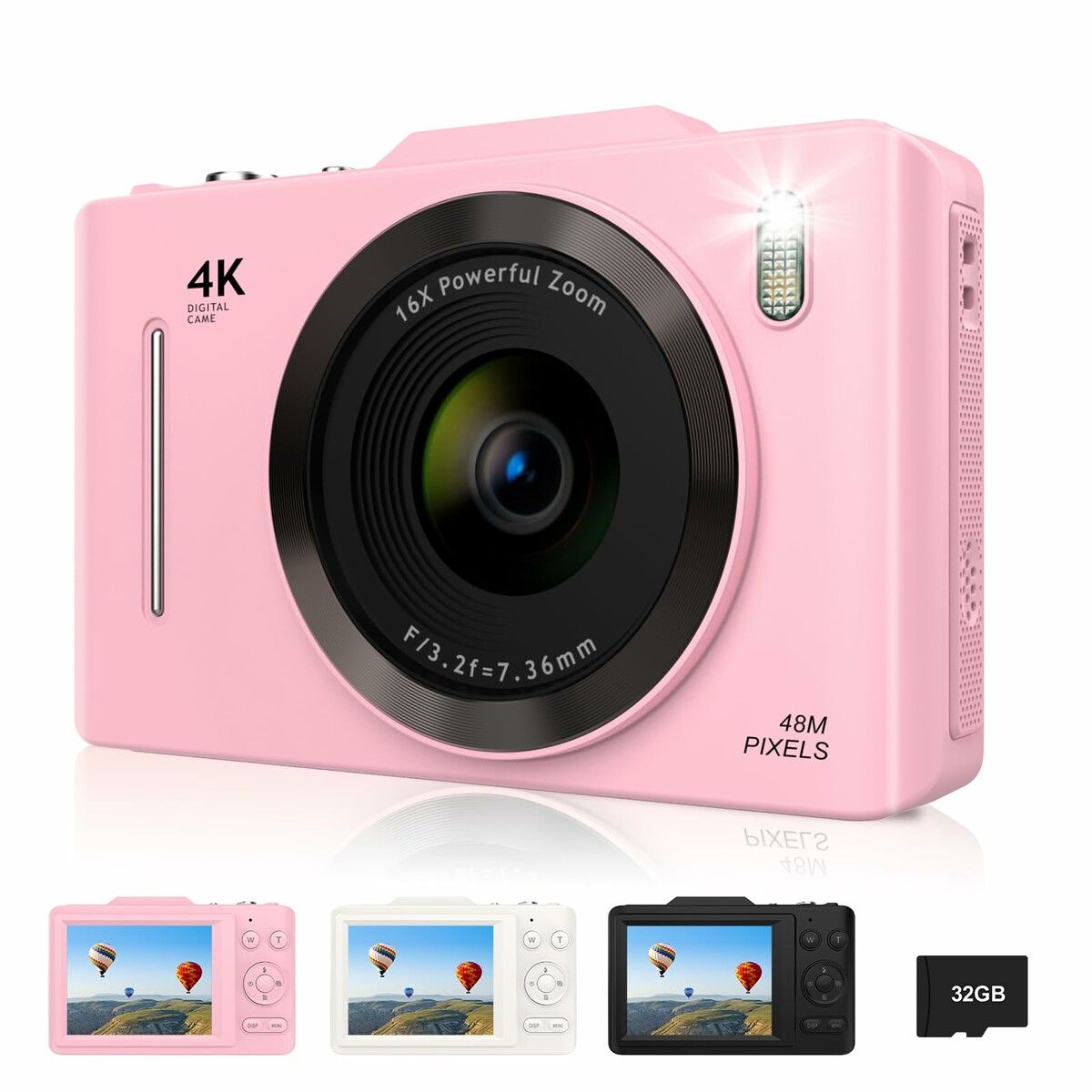 Digital Camera 4K 48MP FHD Kids Point Shoot 16X Zoom 32G Card Anti Shake Compact small Birthday Gift Teens Beginners Pink