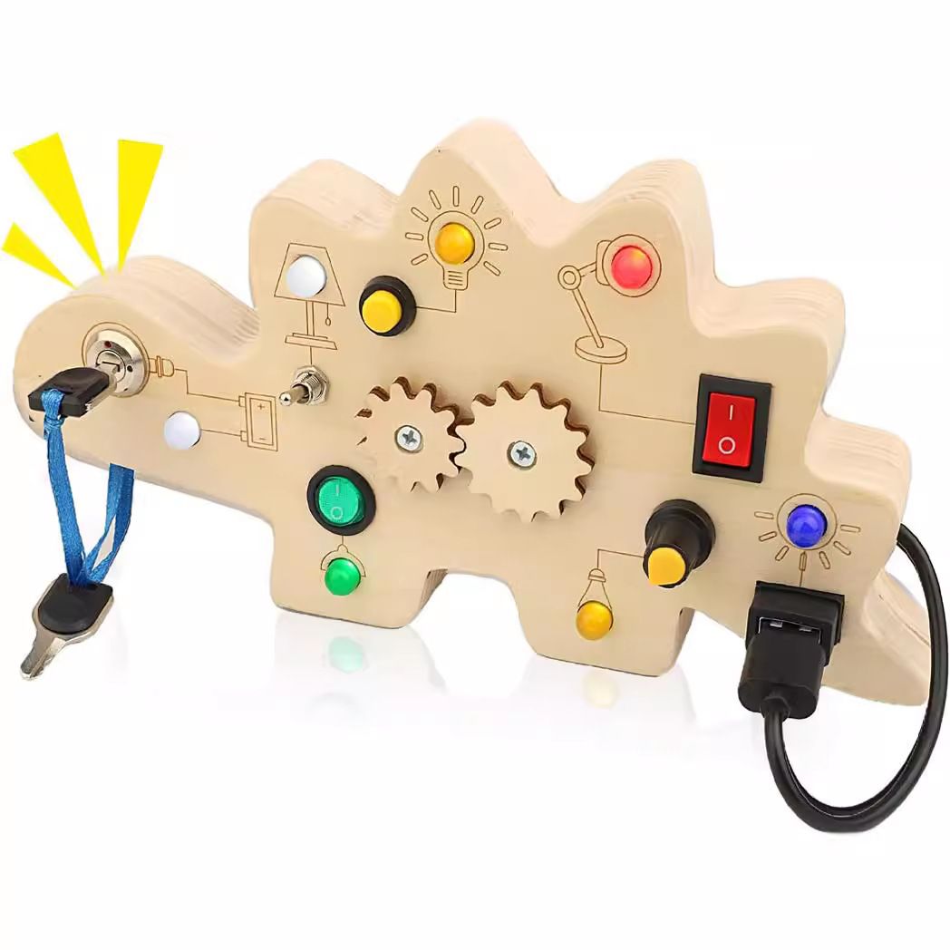 Wooden LED Light Activity Board for Kids Ages 3+, Sound Buttons, Montessori Toys for Kids, Wooden Sensory Toys for Learning Activities, Travel Toys