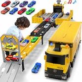 Carrier Truck Race Track Toddlers Toys,Foldable 3 Layer Car Race Track Playset,Toy Truck Transport Car Carrier & 8 Race Cars,Truck Car Kids Toys Xmas Gifts for Age 3+ (Yellow)