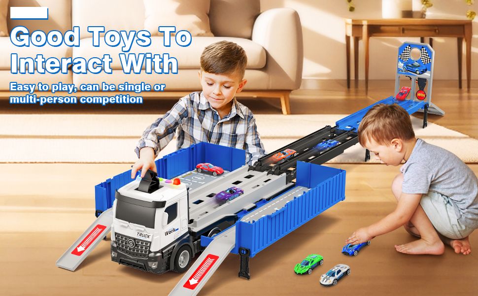 Carrier Truck Race Track Toddlers Toys,Foldable 3 Layer Car Race Track Playset,Toy Truck Transport Car Carrier & 8 Race Cars,Truck Car Kids Toys Xmas Gifts for Age 3+ Years Old Boys Girls (Blue)