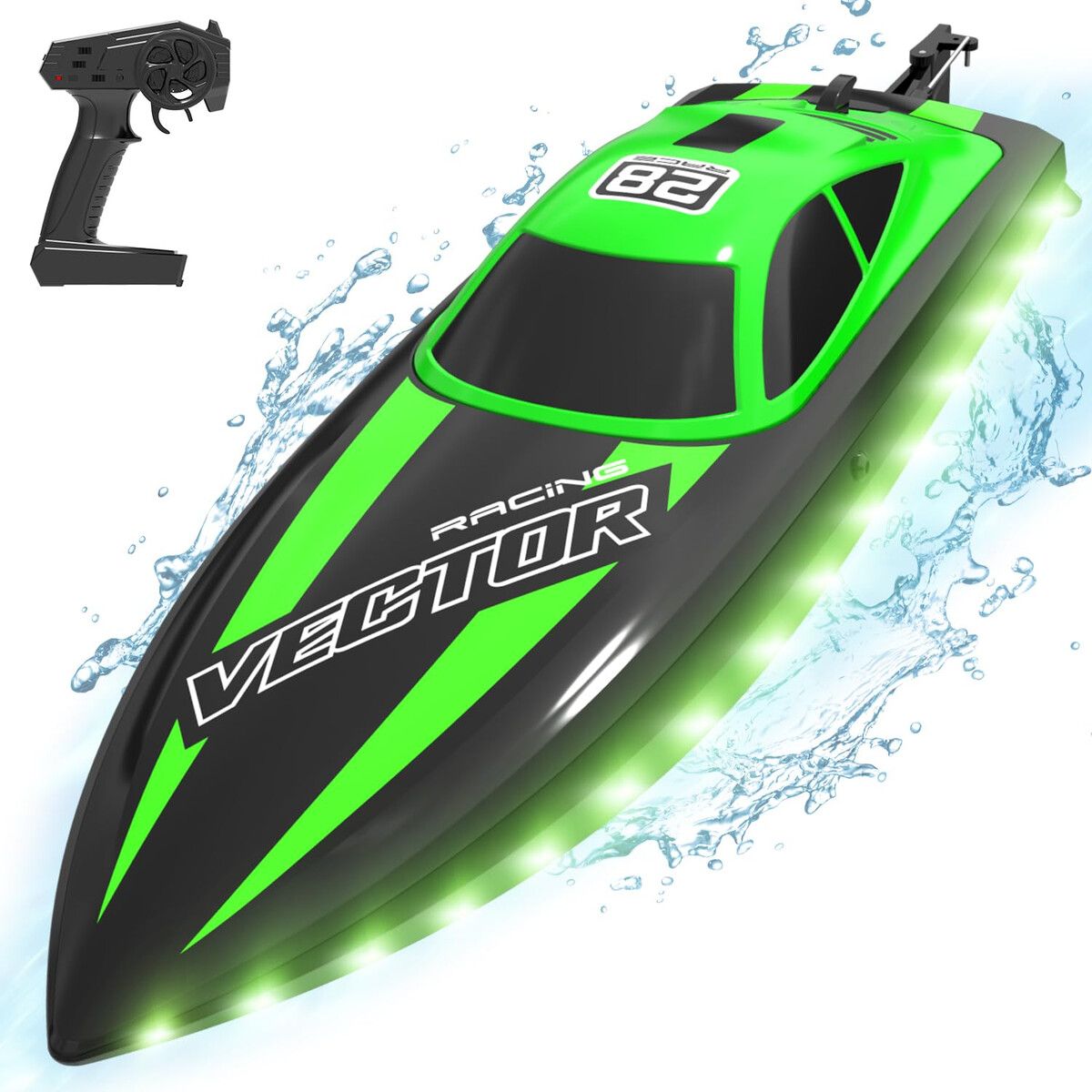 2.4Ghz RC Boat 30KMH Fast with Lights for Pools and Lakes with 2 Rechargeable Batteries Toys Gifts Color Green