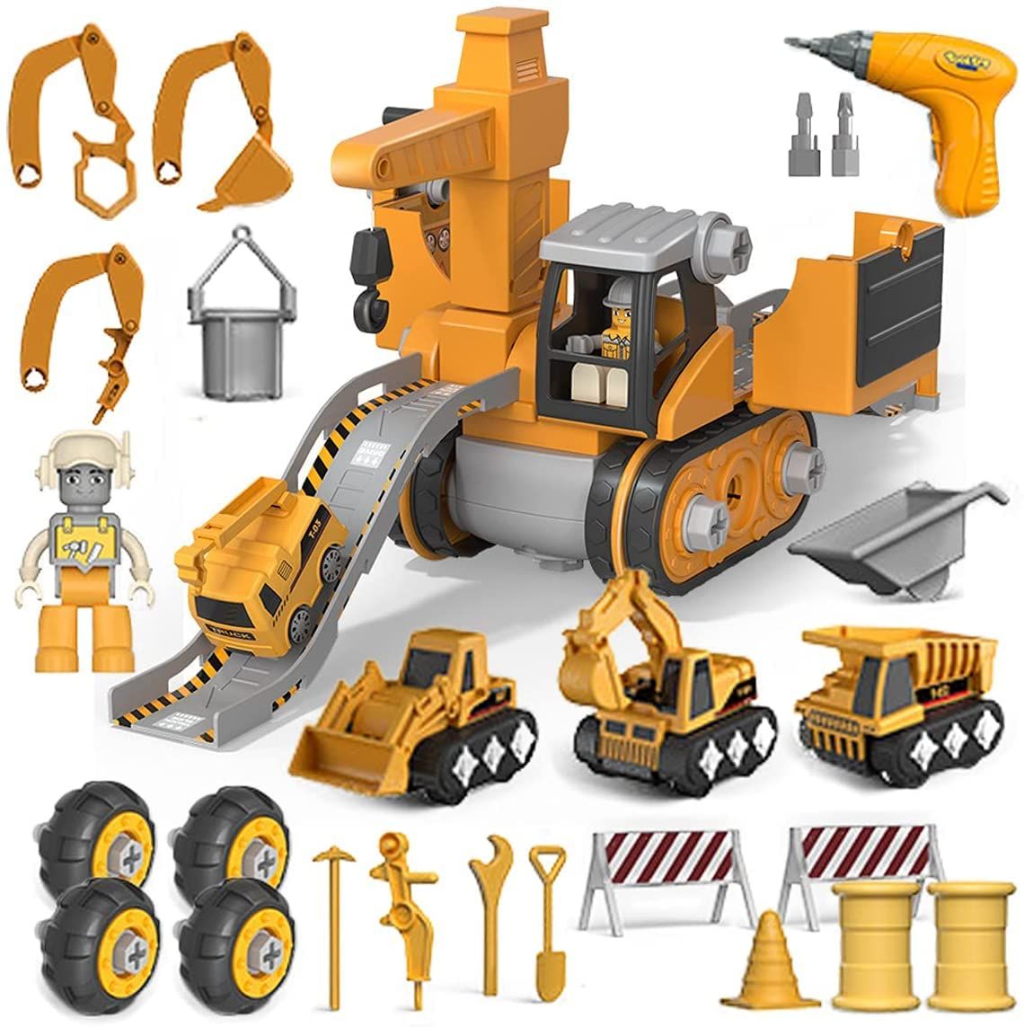 Kids Construction Toys Truck Set,Engineeering Vehicle Palyset,Crane Transport Trailer DIY Take Apart Toys for Christmas Birthday Gifts Boys Girls