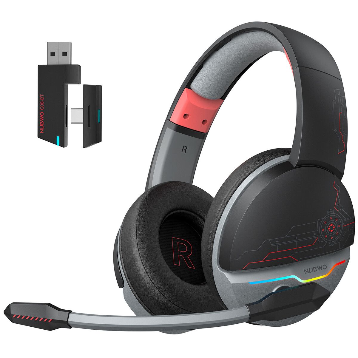 Dual Wireless Gaming Headset with Microphone for PS5, PS4, PC, Mobile, Tablet: 2.4 GHz Wireless + 5.3 Bluetooth - Lightweight - RGB Light - Red