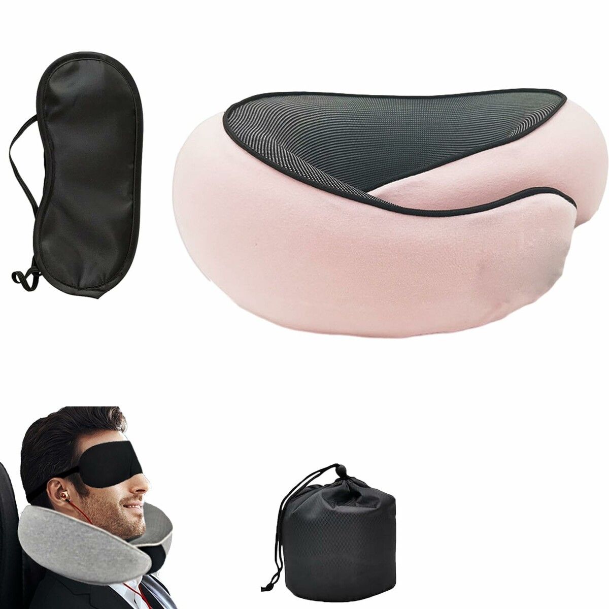 Wander Plus Stowable U-Shaped Pillow, Neck Pillow for Airplanes, Memory Foam Travel Pillow-Pink