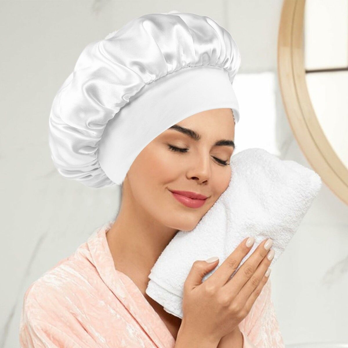 Solid Color Shower Cap for Women Satin Wide-Brimmed Bath Cap Reusable Shower Cap for All Hair Lengths (White)