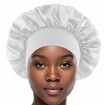 Solid Color Shower Cap for Women Satin Wide-Brimmed Bath Cap Reusable Shower Cap for All Hair Lengths (White)