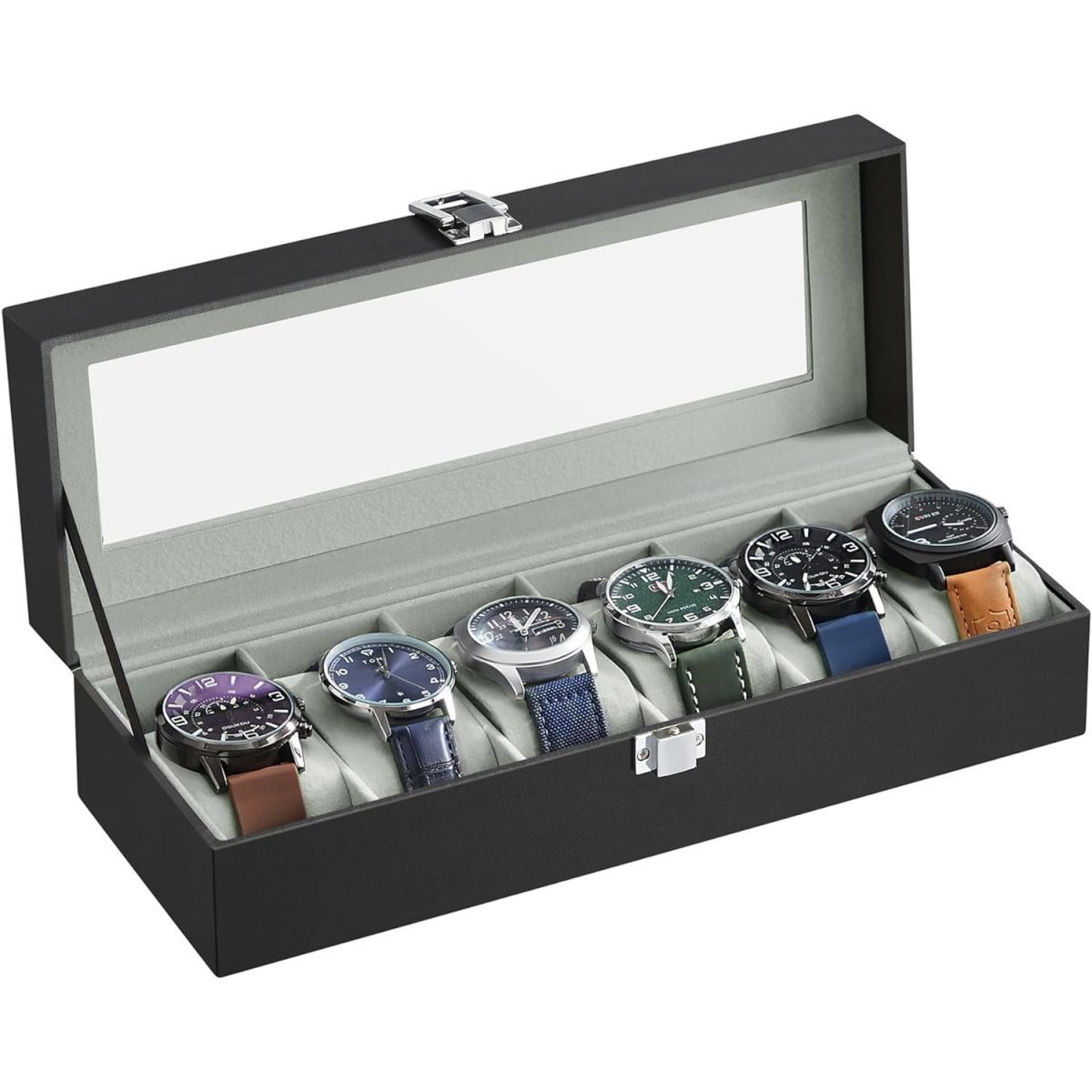 SONGMICS Watch Box for 6 Watches with Glass Lid and Removable Watch Pillows Black Synthetic Leather Grey Lining JWB06BK