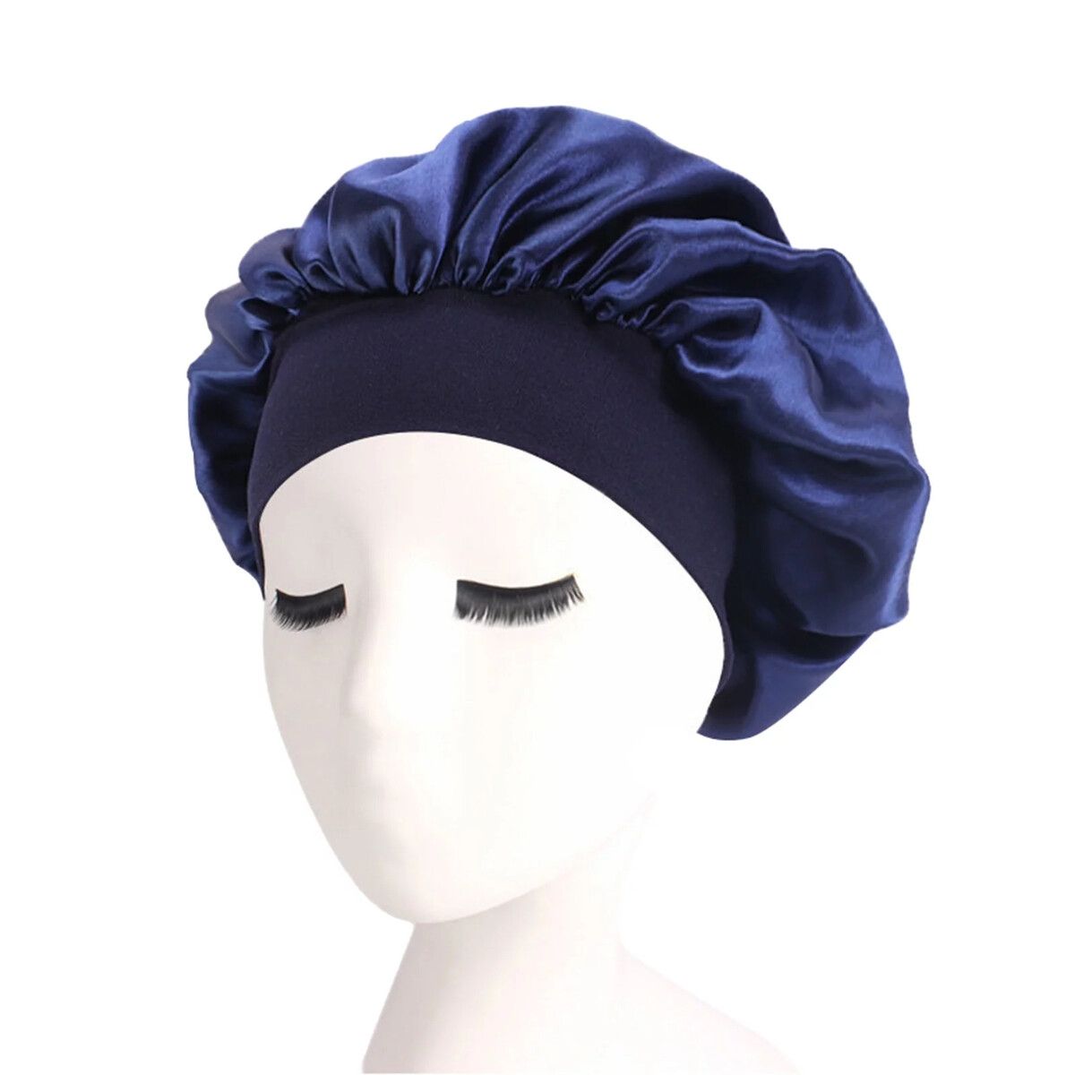 Solid Color Shower Cap for Women Satin Wide-Brimmed Bath Cap Reusable Shower Cap for All Hair Lengths (Navy Blue)