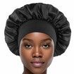 Solid Color Shower Cap for Women Satin Wide-Brimmed Bath Cap Reusable Shower Cap for All Hair Lengths (Black)