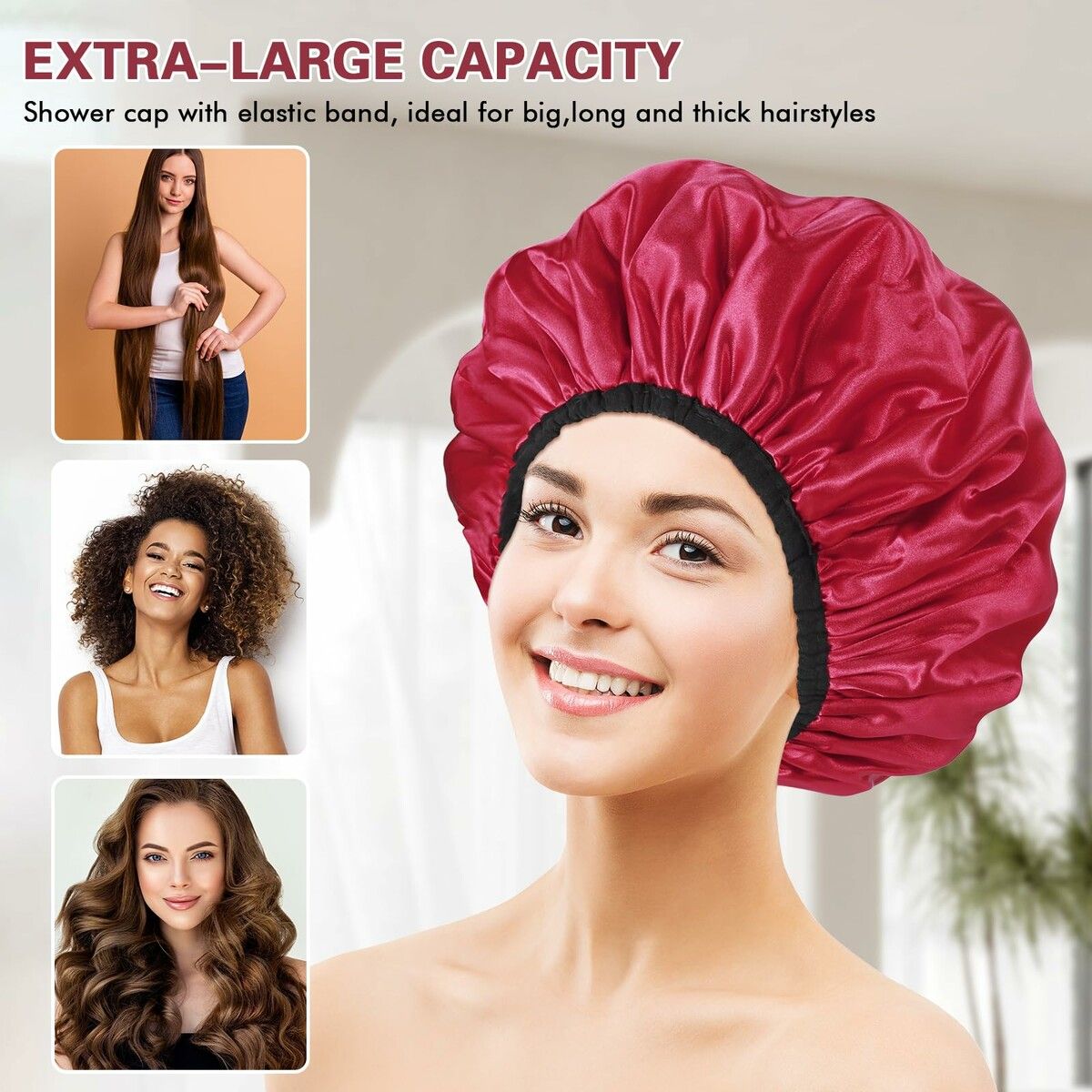 Triple Layer Shower Cap for Women,with Microfiber Liner,Practical Bathing Accessories,Soft Hair Wrap,Reusable Shower Cap for Long Hair(Red)