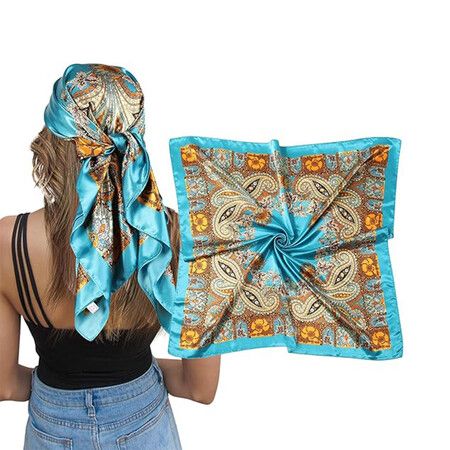Large Square Satin Head Scarf, Silk Hair Scarf Square Hair Bandanas Large Scarf Sleeping Head Wraps for Women, 90 x 90 cm, Blue