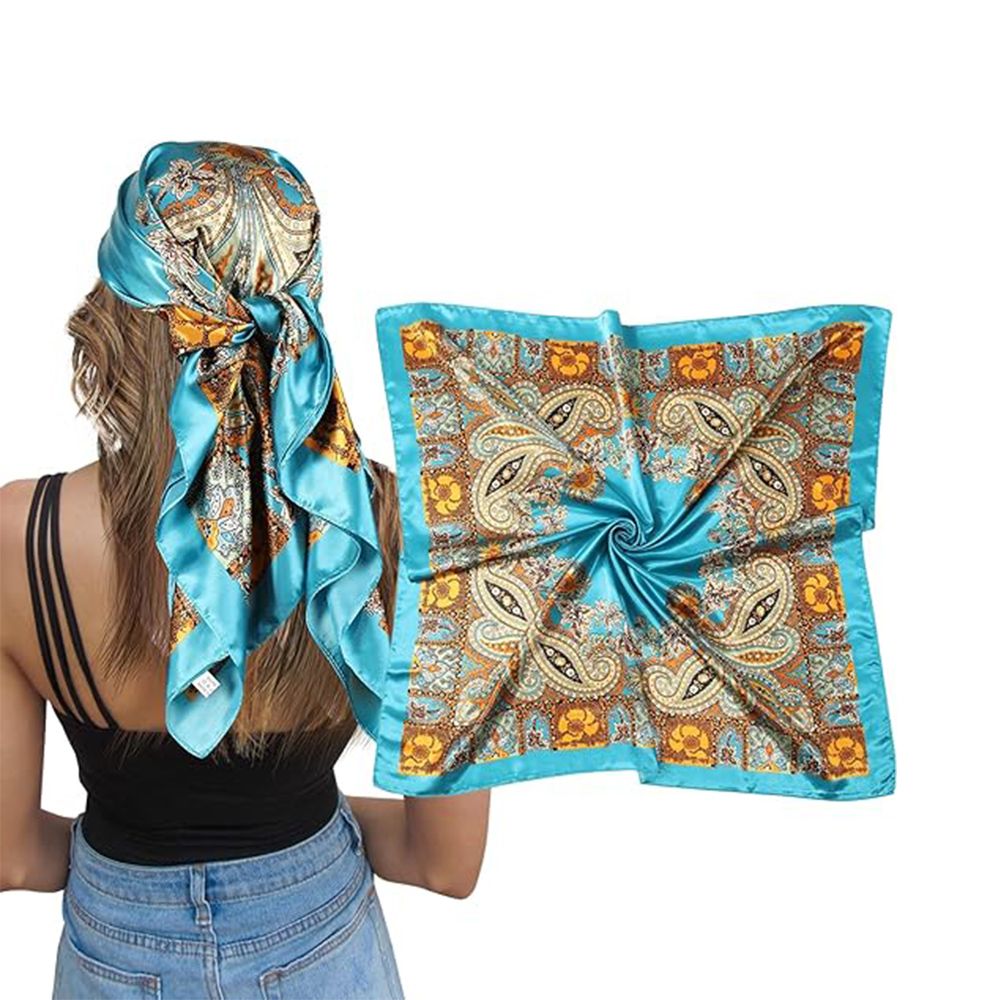 Large Square Satin Head Scarf, Silk Hair Scarf Square Hair Bandanas Large Scarf Sleeping Head Wraps for Women, 90 x 90 cm, Blue