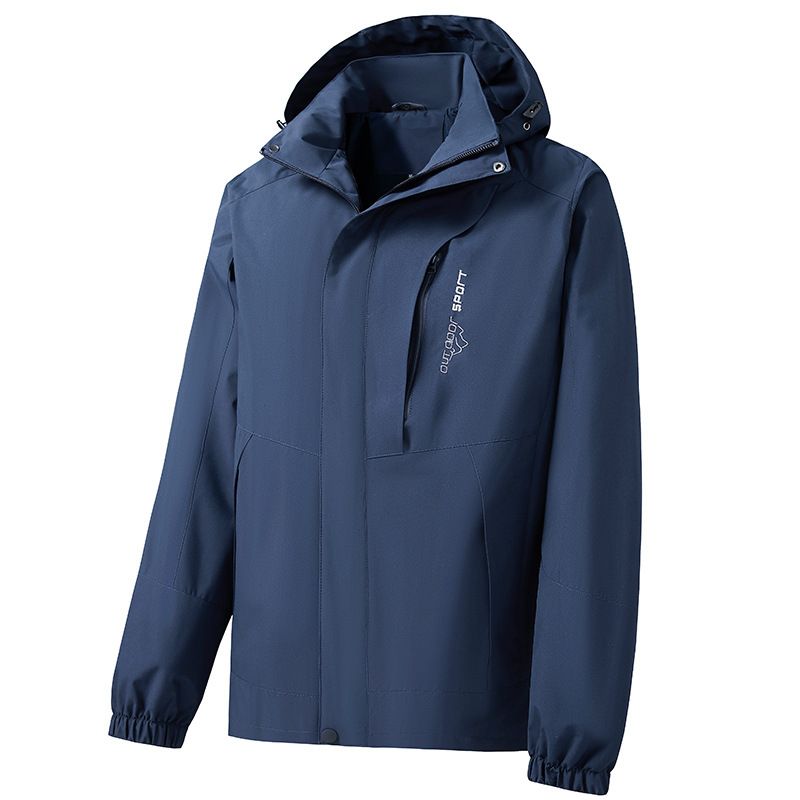 Men Block Hooded Outdoor Single Layer Sport Windbreaker Jacket Color Deep Blue Size 3XL